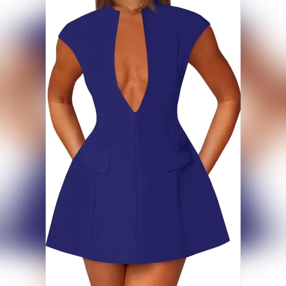 Chic Royal Blue Plunge Mini Dress